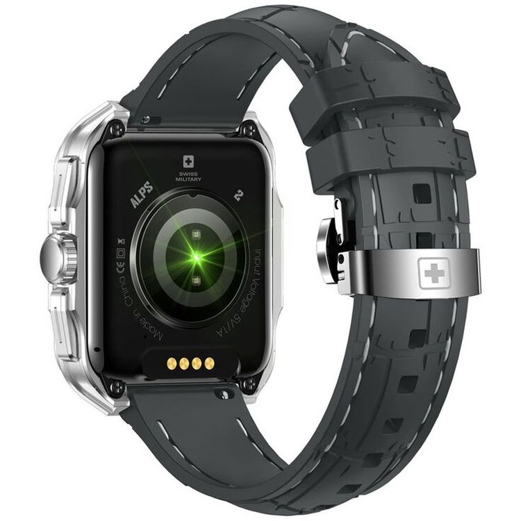 Swiss Military Alps 2, 1.85" HD Display, 4GB Built-in Memory, Workout Detection, Blood Pressure & Oxygen Level Monitoring, Make and Receive Calls - Silver Frame and Gray Silicon Strap