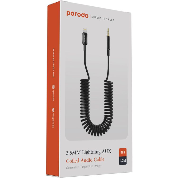 Porodo 3.5mm Lightning AUX Coiled Audio Cable Convenient Tangle-Free Design 1.2m/4ft, Lightning to AUX, Universal Compatibility, Auto Retractable - Black