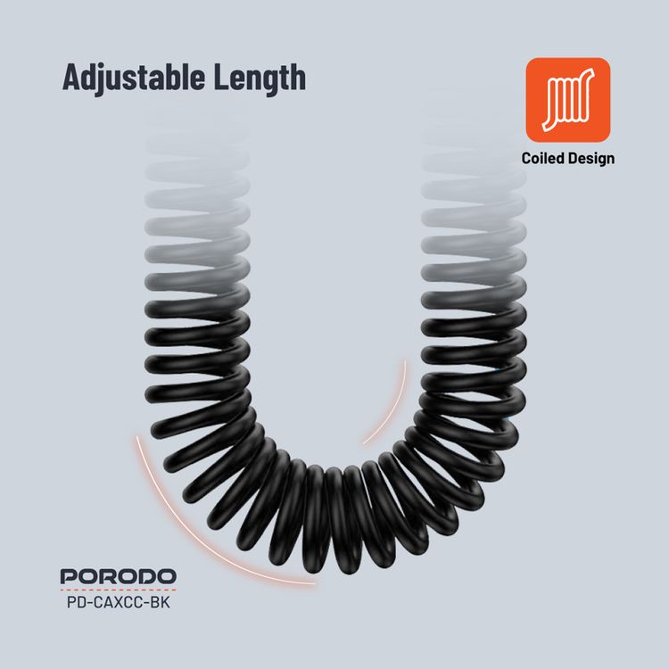 Porodo 3.5mm Type-C AUX Coiled Audio Cable Convenient Tangle-Free Design 1.2m/4ft, Type C to AUX, Universal Compatibility, Auto Retractable - Black