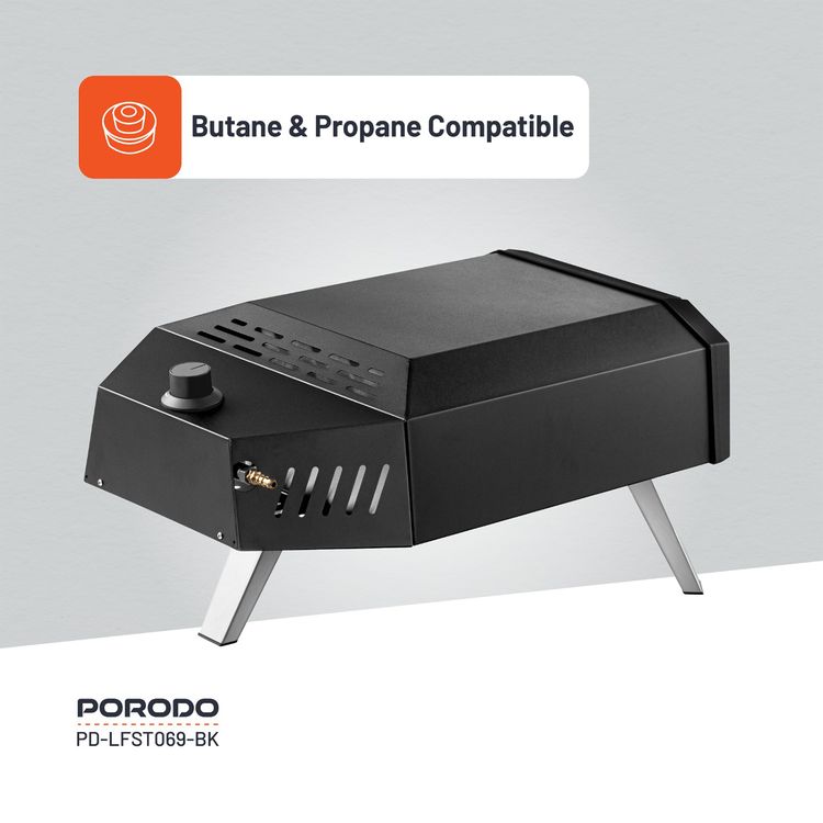 فرن بيتزا بورودو لايف ستايل 12 بوصة في الهواء الطلق بأرجل قابلة للطي، وقت طهي 60 ثانية، تسخين سريع 500 درجة مئوية، متوافق مع البيوتان والبروبان، 30-45 دقيقة قبل التسخين، إشعال بيزو - أسود