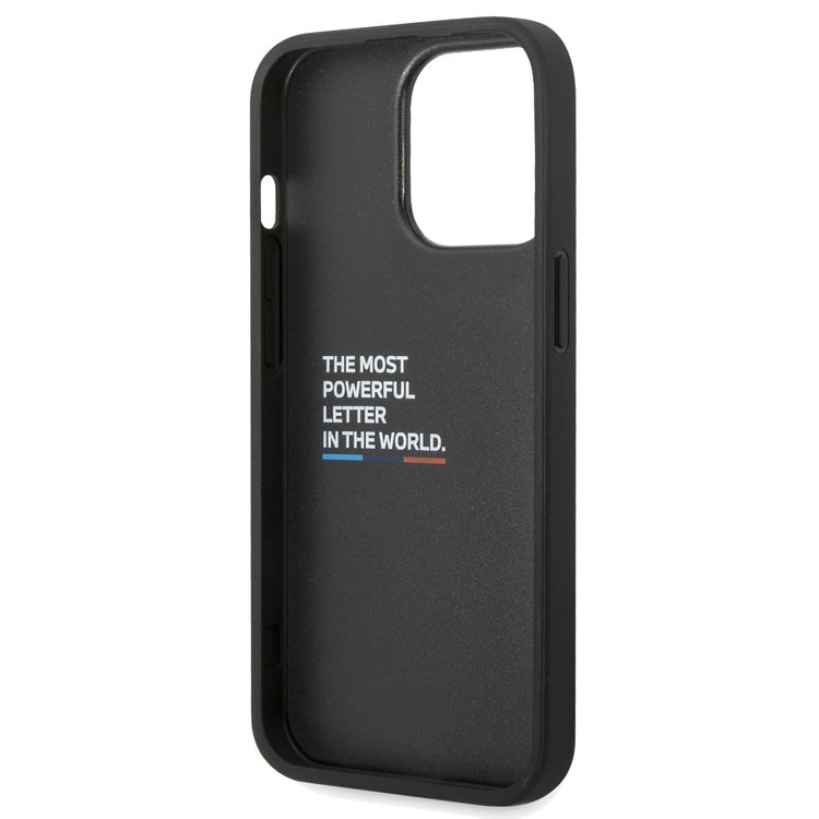 BMW M Collection Quilted PU Carbon Case with Hot Stamped Tricolor Stripe & Metal Logos iPhone 14 Pro Compatibility - Black