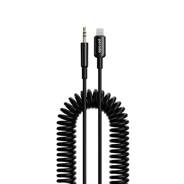 Porodo 3.5mm Lightning AUX Coiled Audio Cable Convenient Tangle-Free Design 1.2m/4ft, Lightning to AUX, Universal Compatibility, Auto Retractable - Black