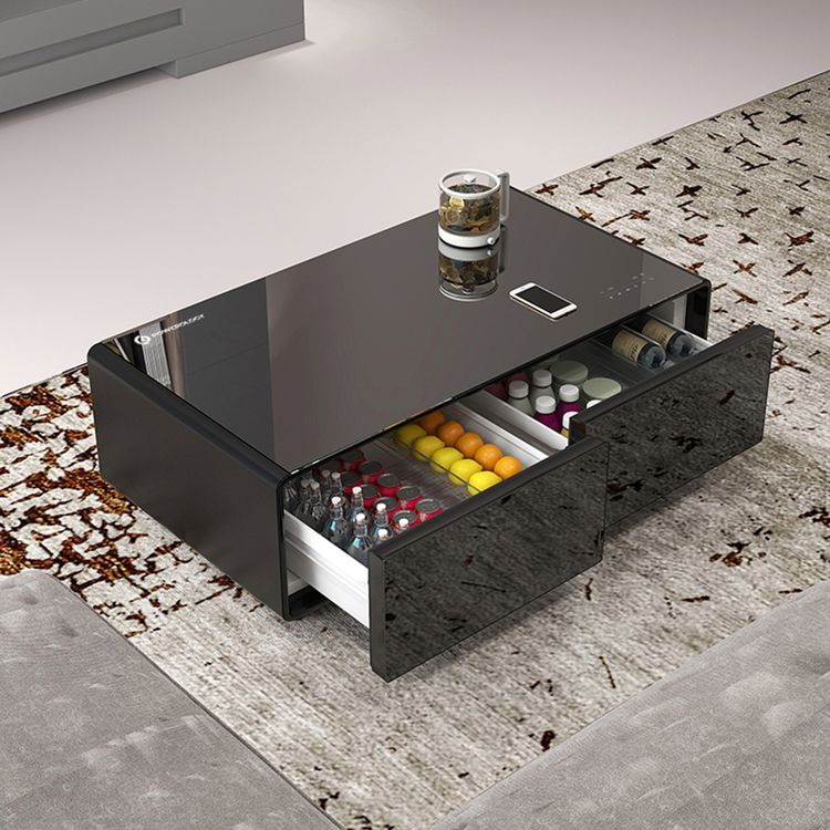 ثلاجة طاولة القهوة باورولوجي 135 لتر مع شاشة LED ،درجين ، شحن لاسلكي، تشغيل هادئ، تصميم مضغوط، منفذ شحن USB وType-C، سطح زجاجي - أسود