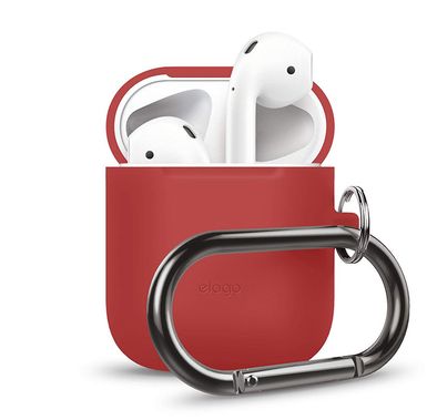  إيلاجو جراب تعليق ايربودز متوافق مع ابل ايربودز من الجيل الأول والثاني ، مقاوم للخدش ومقاوم للسقوط ومقاوم للغبار والامتصاص مع جراب معلق لسماعات ابل ايربودز 1/2 ، متوافق مع علبة الشحن اللاسلكي ، أحمر
