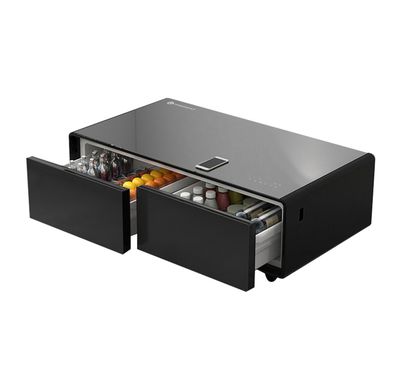 ثلاجة طاولة القهوة باورولوجي 135 لتر مع شاشة LED ،درجين ، شحن لاسلكي، تشغيل هادئ، تصميم مضغوط، منفذ شحن USB وType-C، سطح زجاجي - أسود