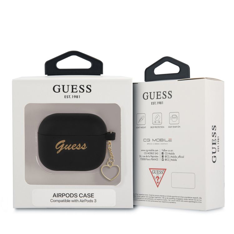 Guess GUA3LSCHSK Silicone Case for Apple Airpods 3 , Charm Collection with Anti-Lost Heart Ring , Officially Licensed - Black