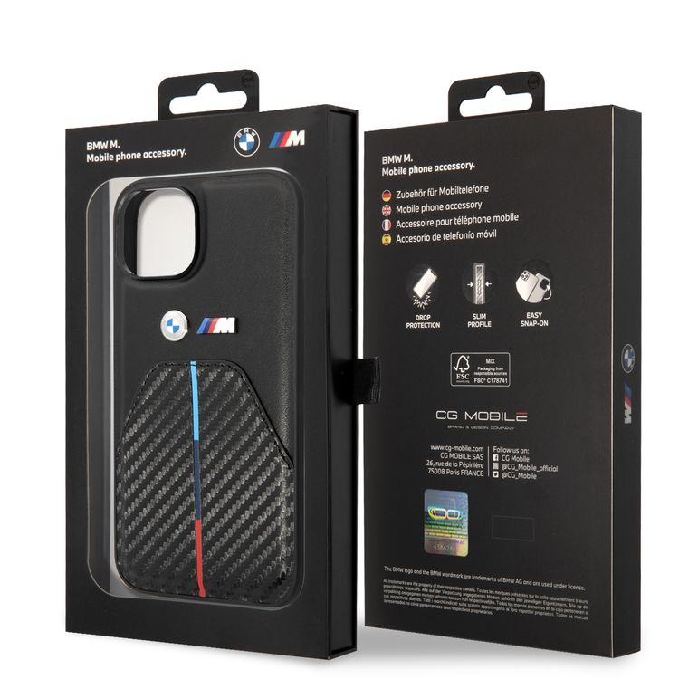 BMW M Collection Quilted PU Carbon Case with Hot Stamped Tricolor Stripe & Metal Logos iPhone 14 Compatibility - Black