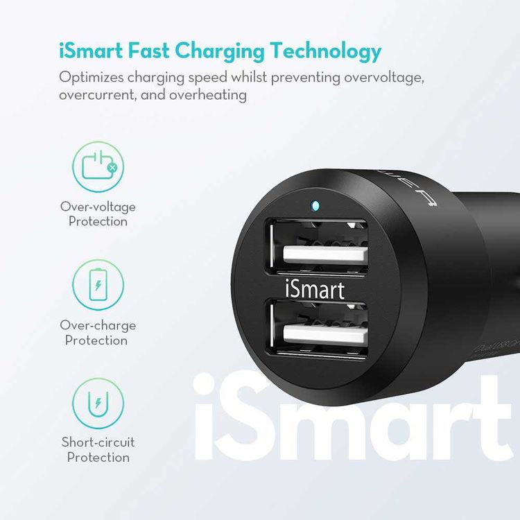 RAVPower 2-Pack Dual USB Ports Car Charger Combo 24W w/ 1M Cable Compatible for iPhone Lightning Devices - Compact Car Power Adapter - iSmart Fast Charging Technology - Black