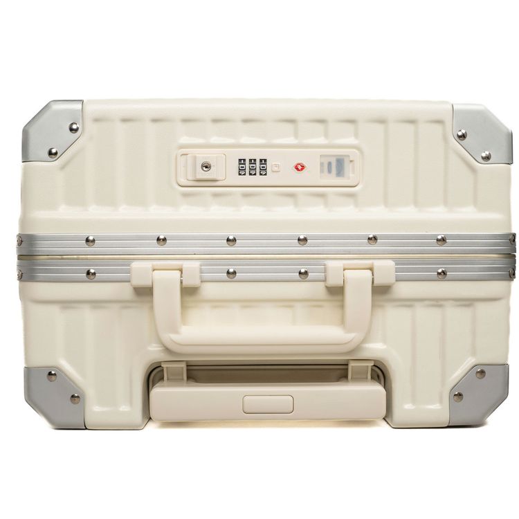 حقيبة سفر Levelo RoamRollers، هيكل من الألومنيوم، مخرج USB-A وUSB-C، حماية للزوايا المعدنية، جيب أمامي متوافق مع كمبيوتر محمول يصل إلى 15.6 بوصة، حامل هاتف وحامل أكواب، عجلات دوارة صامتة - أبيض 