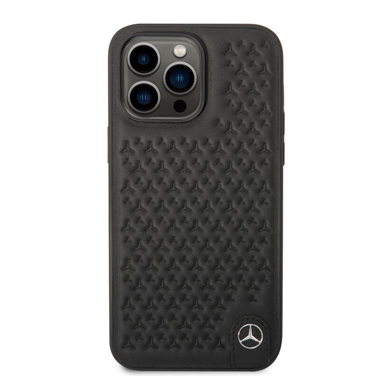 CG MOBILE Mercedes-Benz Genuine Leather Case With Star Pattern, Compatible w/ 14 Pro Max (6.7") Protective Cover, Scratch & Drop Protection, Wireless Charger Compatibility - Black