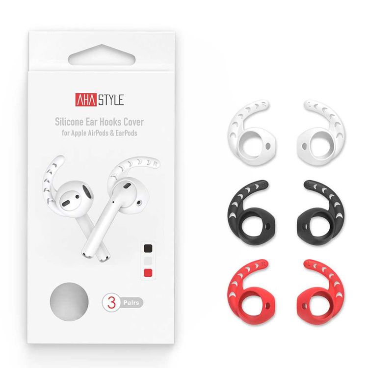 AhaStyle Premium Silicone Earhooks Coverfor Airpods 1/2 ( 3 pairs ) Anti-fall Suitable for Jogging, Cycling, Gym & Fitness Activities -Black/White/Red