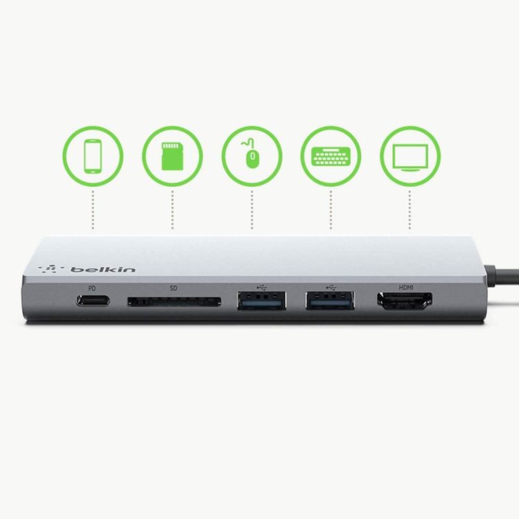 Belkin USB-C Multimedia ( 60W) Hub with USB-A USB-C HDMI Ethernet Card Reader, USB-C Multiport Hub with 5Gbps Compatible for MacBook Pro 13" M1 (2020), MacBook Air 13" M1 (2020), & Mac mini M1 (2020) - Space Gray