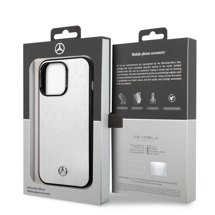 Mercedes-Benz Aluminum Case with Star Pattern Bumper ProtectioniPhone 14 Pro Max Compatibility - Silver