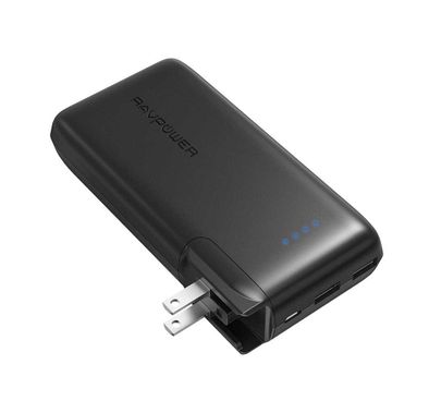 RAVPower 2-in-1 Savior Series 10000mAh Portable Charger Power Bank with AC Plug - Built-in Wall Charger - EU & UK Adapter Interchangeable - Travel-friendly Powerbank - Black