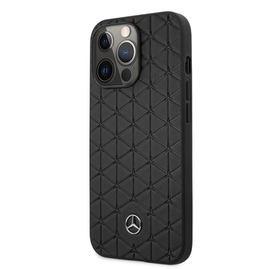 Mercedes-Benz Genuine Leather Hard Case with Quilted Mini Stars Pattern & Metal Star Logo iPhone 14 Pro Max Compatibility - Black