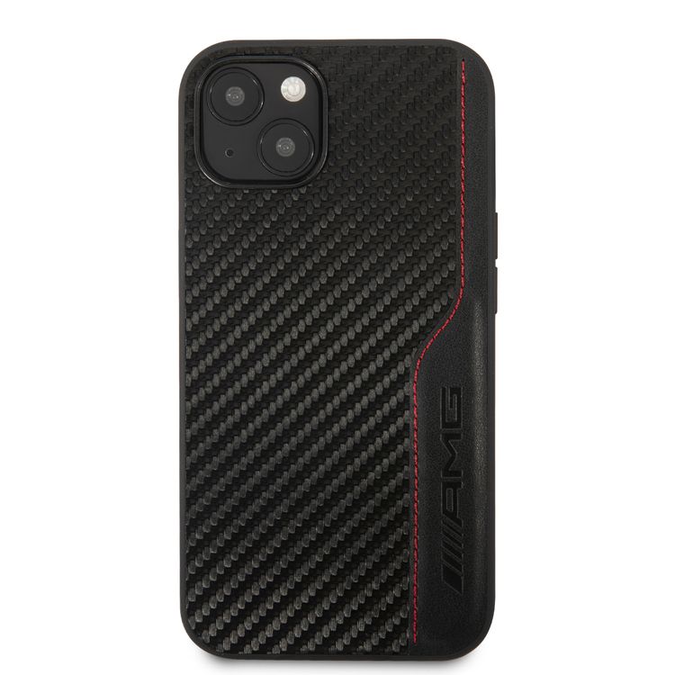 CG MOBILE AMG Hard Case with PU Carbon Effect Leather & Red Stitching Line Hot Stamped Logo Compatible for iPhone 13 Pro Max (6.7") Easy Access to All Ports, Shock-Absorption, Anti-Scratch, & Drop Protection Back Cover Suitable with Wireless Charging Officially Licensed