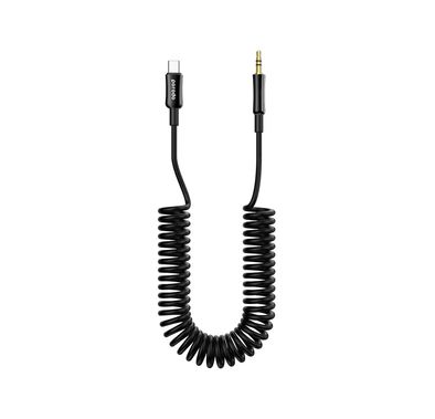 Porodo 3.5mm Type-C AUX Coiled Audio Cable Convenient Tangle-Free Design 1.2m/4ft, Type C to AUX, Universal Compatibility, Auto Retractable - Black