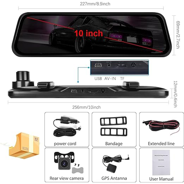 كاميرا مرآة الرؤية الخلفية الذكية ROADPOWER 4K مقاس 10 بوصات، وكاميرا أمامية للوحة القيادة، وشاشة تعمل باللمس، وكاميرا احتياطية، وشاشة مراقبة وقوف السيارات