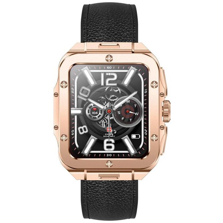 Swiss Military Alps 2, 1.85" HD Display, 4GB Built-in Memory, Workout Detection, Blood Pressure & Oxygen Level Monitoring, Make and Receive Calls - Rose Gold Frame and Black Leather Strap