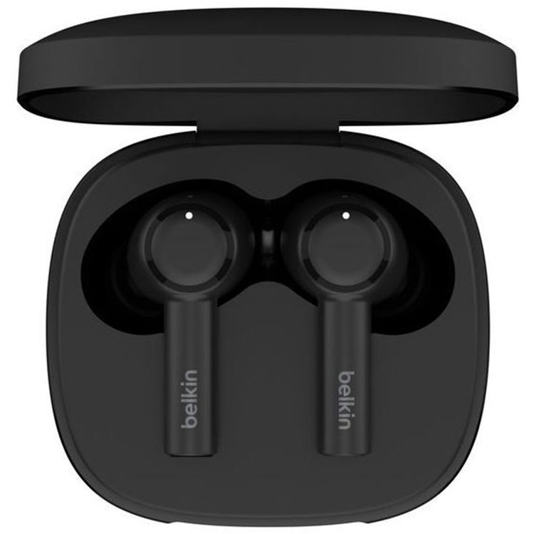 سماعات بلکین SoundForm Pulse لإلغاء الضوضاء، ثلاث ميكروفونات لكل سماعة، محركات ديناميكية بحجم 12 مم، تصميم مريح، وضع مونو، 35 ساعة عمر البطارية - أسود