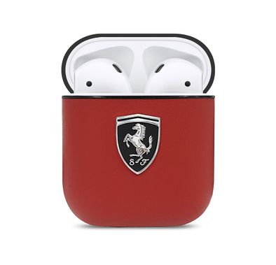 CG Mobile Ferrari PC Leather Black Shield Metal Logo Compatible for AirPods 1/2 - Red