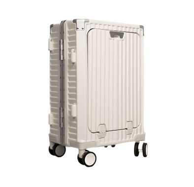 حقيبة سفر Levelo RoamRollers، هيكل من الألومنيوم، مخرج USB-A وUSB-C، حماية للزوايا المعدنية، جيب أمامي متوافق مع كمبيوتر محمول يصل إلى 15.6 بوصة، حامل هاتف وحامل أكواب، عجلات دوارة صامتة - أبيض 