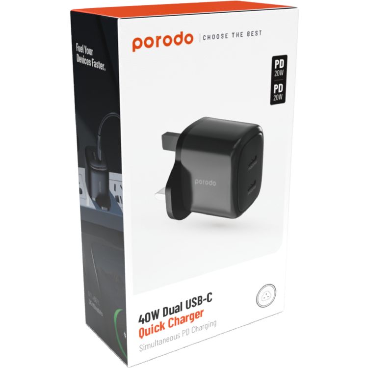 شاحن حائط Porodo ثنائي المنفذ USB-C يشحن جهازين في وقت واحد - أسود