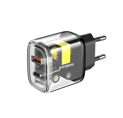 Porodo شاحن شفاف سريع ثنائي المخرج USB-C PD و USB-A QC EU - شفاف