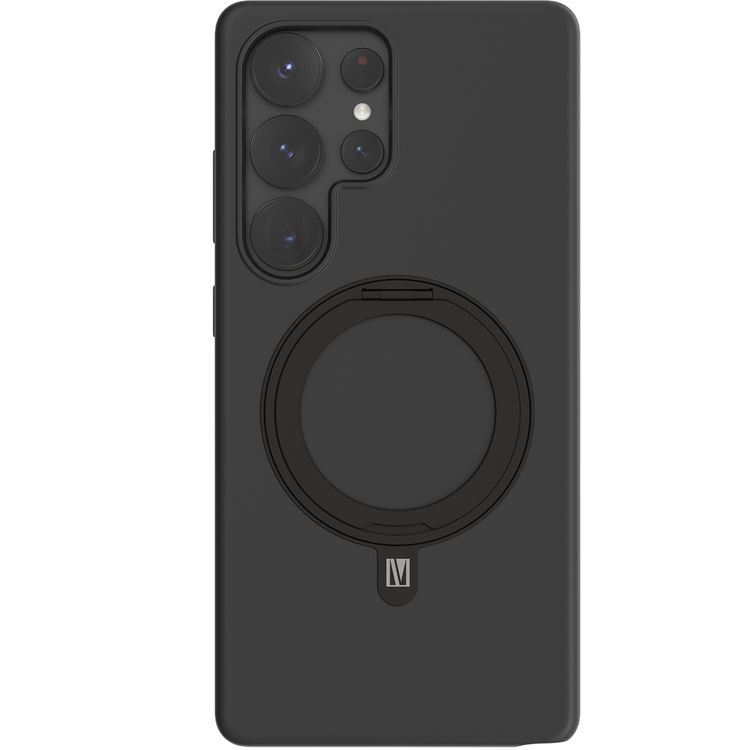 حافظة Levelo Iris Pro من السيليكون السائل متوافقة مع Magsafe لهاتف Samsung Galaxy S25 Ultra، مسند مدمج، سيليكون سائل ممتاز، زوايا مقاومة للصدمات - أسود