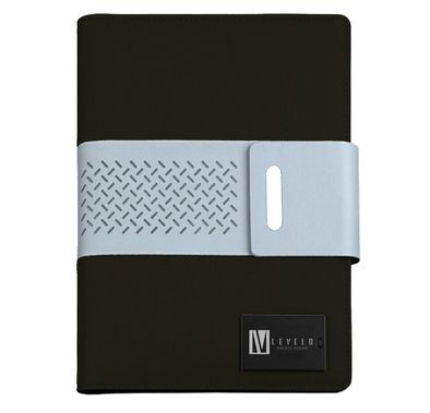 غطاء جلدي لدفتر ملاحظات Levelo Techbook مع بنك طاقة مدمج بقوة 8000 مللي أمبير في الساعة وقلم حبر جاف و80 ورقة ومجلد أوراق فضفاضة - أسود