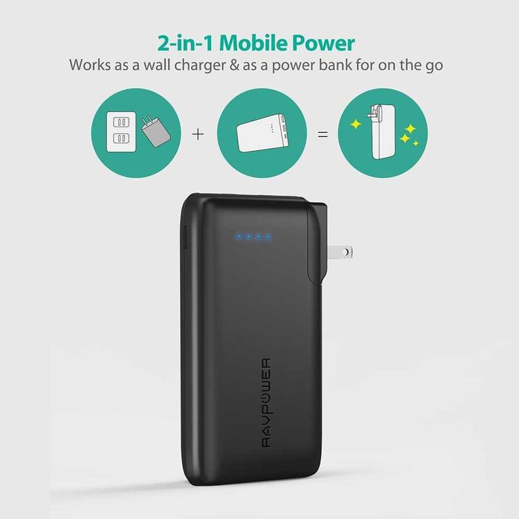 RAVPower 2-in-1 Savior Series 10000mAh Portable Charger Power Bank with AC Plug - Built-in Wall Charger - EU & UK Adapter Interchangeable - Travel-friendly Powerbank - Black