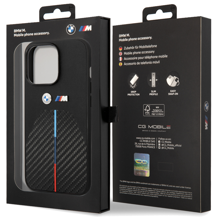 BMW M Collection Quilted PU Carbon Case with Hot Stamped Tricolor Stripe & Metal Logos iPhone 14 Pro Compatibility - Black