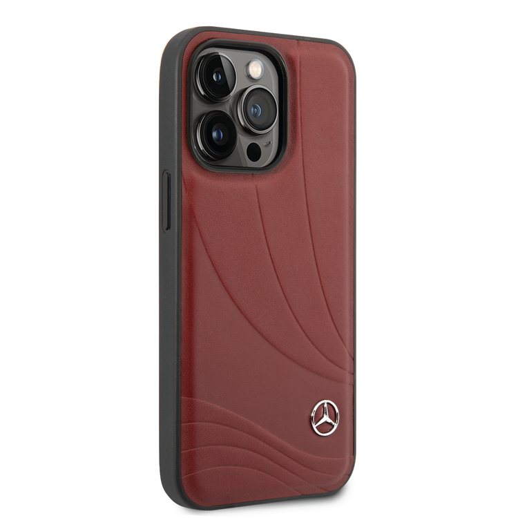 CG MOBILE Mercedes-Benz Genuine Leather Case With New WaveIII Pattern, Compatible w/ 14 Pro Max (6.7") Scratch & Drop Protection, Wireless Charger Compatibility - Red