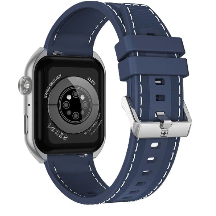 Swiss Military Alps 3 Smartwatch, 1.96" AMOLED Curved Glass Display, 1 Week Battery Life, Wireless Charging, Water Resistance, Receive and Makes Calls - Blue Silicon Strap
