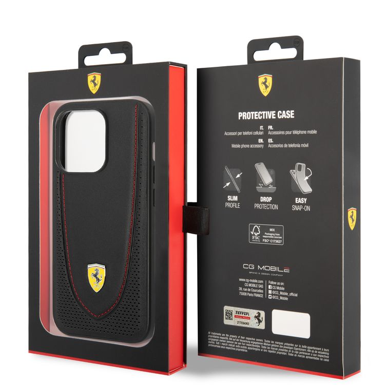 CG Ferrari Magsafe Compatibility Genuine Leather Hard Case with Curved Line Stitched iPhone 14 Pro Max Compatibility - Black