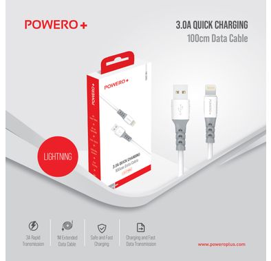 Powero+ Fine Series PVC Data Cable 3A 100CM / 1M Compatible for iPhone Lightning Devices - Sturdy Fast Charging & Data Transmission Connector - White