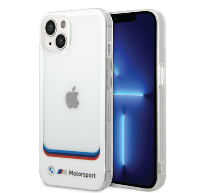 BMW Motorsport Collection PC/TPU IML Case Big Square Transparent and Printed Bottom Logo iPhone 14 Plus Compatibility - White