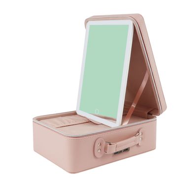 حقيبة مكياج للسفر من Green Lion مع مرآة مضيئة مع سطوع قابل للتعديل، وإغلاق بسحاب، وتحكم باللمس، ووقت عمل لمدة ساعتين، و28 خرزة LED، وبطارية 1500 مللي أمبير في الساعة - وردي