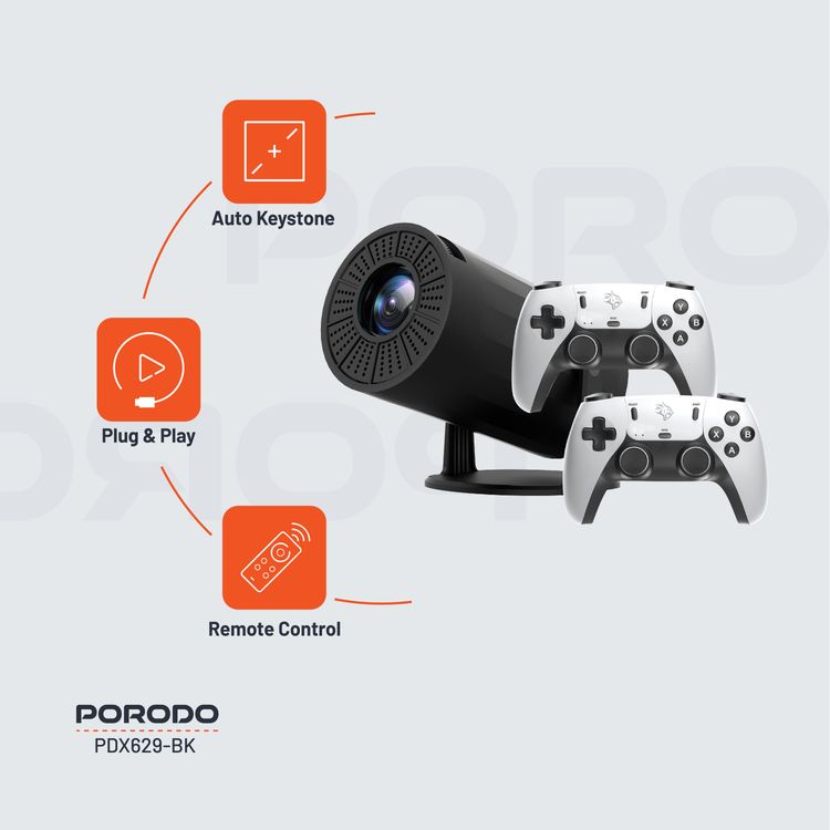 Porodo Gaming 4K Projector with Auto Keystone and Gamepad Controller, Android 11.0 Operating System, Wi-Fi 2.4/5 GHz and BT 5.0 Connectivity, English + 23 Languages - Black