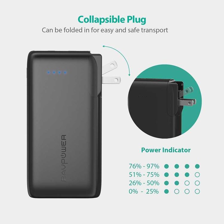 RAVPower 2-in-1 Savior Series 10000mAh Portable Charger Power Bank with AC Plug - Built-in Wall Charger - EU & UK Adapter Interchangeable - Travel-friendly Powerbank - Black