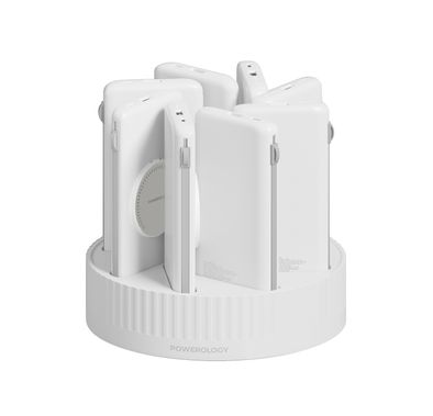 Powerology 8-in-1 Power Station with 10000mAh Capacity, 20W Power Delivery, Quick Charge, Wireless Charging Compatibility, Type C & Lightning Built in Cables, Multi-Output Power Bank, All-in-One terminal - White