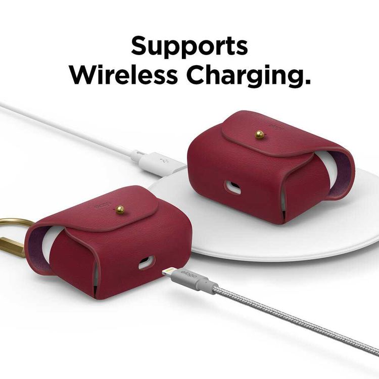 Elago Genuine Leather Case Compatible with Apple Airpods Pro, Vintage Design, Supports Wireless Charging, Brass Ring Holder, Anti-Slip Case, Shock Proof, Bring as Keychain - Red