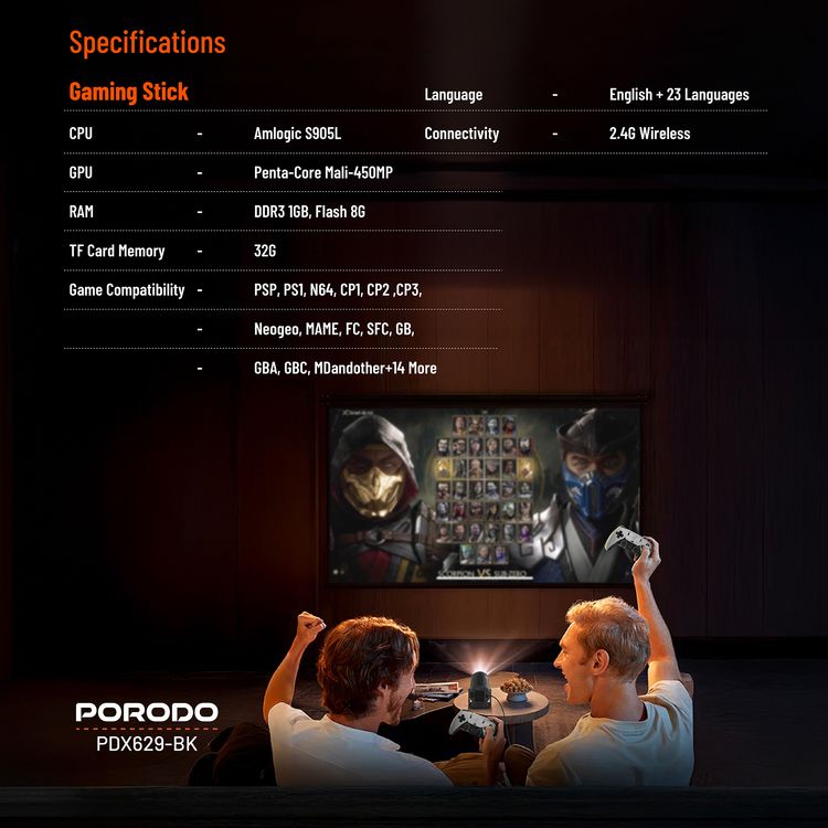 Porodo Gaming 4K Projector with Auto Keystone and Gamepad Controller, Android 11.0 Operating System, Wi-Fi 2.4/5 GHz and BT 5.0 Connectivity, English + 23 Languages - Black