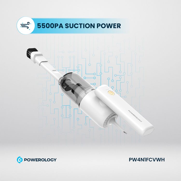 Powerology 4 in 1 180° Foldable Car Vacuum Cleaner with Type-C Charging Port, LED Indicator and 4 Nozzles - White