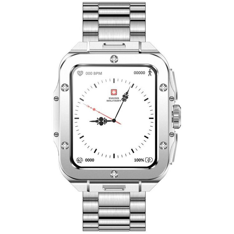 Swiss Military Alps 2, 1.85" HD Display, 4GB Built-in Memory, Workout Detection, Blood Pressure & Oxygen Level Monitoring, Make and Receive Calls - Silver Frame and Silver Stainless Steel Strap