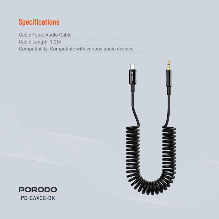 Porodo 3.5mm Type-C AUX Coiled Audio Cable Convenient Tangle-Free Design 1.2m/4ft, Type C to AUX, Universal Compatibility, Auto Retractable - Black