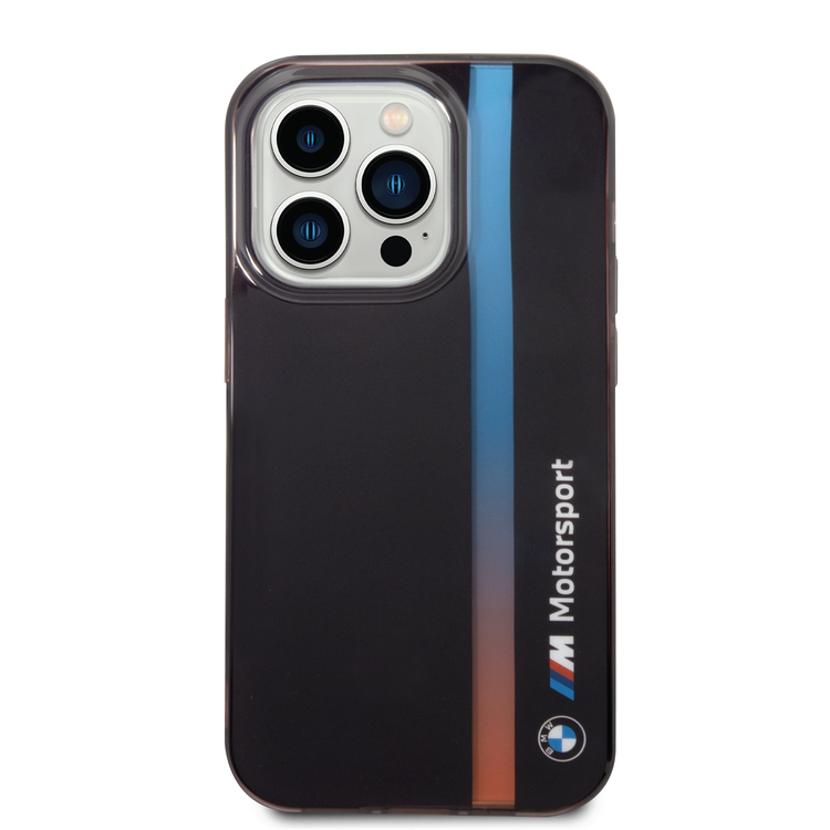 BMW Motorsport Collection PC/TPU IML Case with Printed Tricolor Fading Stripe iPhone 14 Pro Max Compatibility - Black