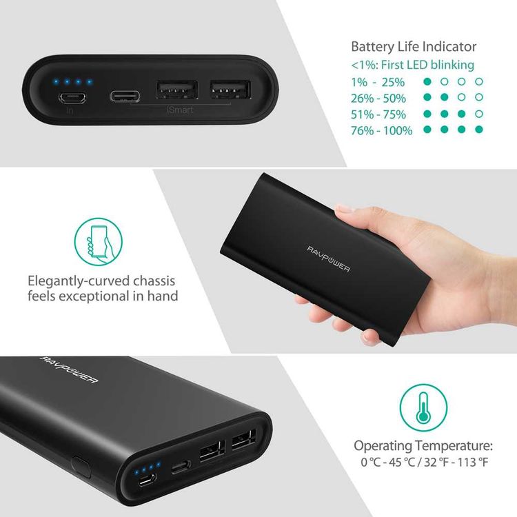 RAVPower Ace Series Portable Charger Power Bank 26800mAh with Dual Input & LED Battery Level Indicator - Type-C Compatibility - iSmart Double-Quick Recharge Powerbank - Black