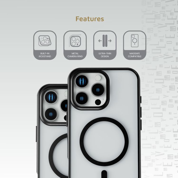 كفر حماية Levelo Elio PC مع حامل حلقي للكاميرا لهاتف iPhone 16 Pro Max، حامل مدمج، متوافق مع MagSafe - أسود 