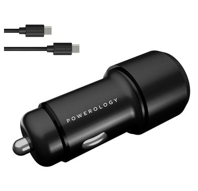 Powerology Aluminum USB + PD Car Charger 43W with Type-C Cable 0.9M - Black	